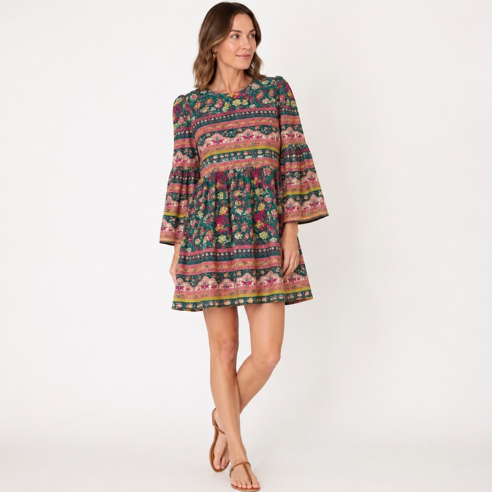 Bell by Alicia Bell Silk Cotton Floral Border Print Bell Sleeve Mini Dress XS